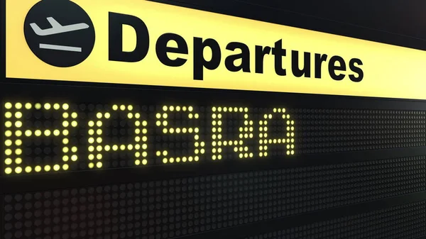 Let do Basry na mezinárodní letiště odletové tabuli. Cestování do Iráku koncepční 3d vykreslování — Stock fotografie