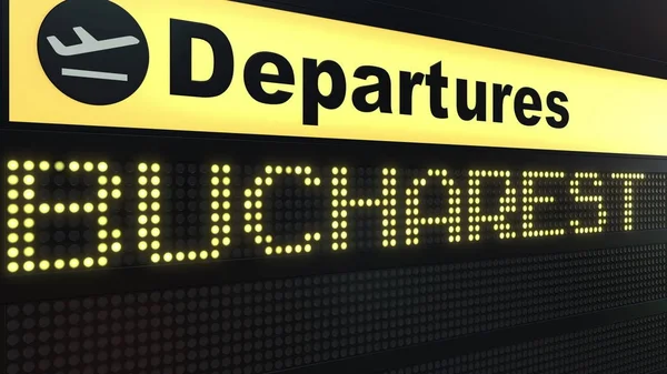 Járat bukaresti nemzetközi repülőtér-indulások táblán. Utazik, hogy Románia fogalmi 3d-leképezés — Stock Fotó