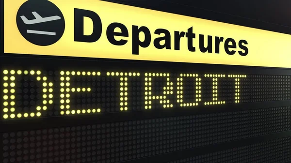 Let do Detroitu na mezinárodní letiště odletové tabuli. Cestování do Spojených států koncepční 3d vykreslování — Stock fotografie
