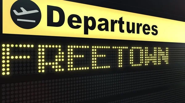 Let do Freetownu na mezinárodní letiště odletové tabuli. Cestování do Sierry Leone koncepční 3d vykreslování — Stock fotografie