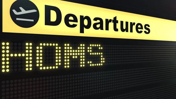 Let do Homsu na mezinárodní letiště odletové tabuli. Cestování do Sýrie koncepční 3d vykreslování — Stock fotografie