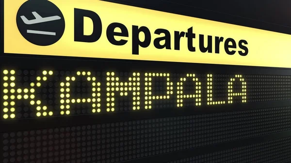 Flight to Kampala on international airport departures board. Travelling to Uganda conceptual 3D rendering — Stock Photo, Image