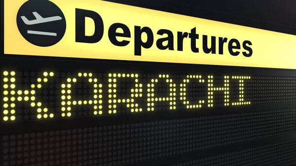 Let do Karáčí na mezinárodní letiště odletové tabuli. Cestování do Pákistánu koncepční 3d vykreslování — Stock fotografie
