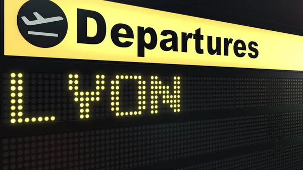 Let do Lyonu na mezinárodní letiště odletové tabuli. Cestování do Francie koncepční 3d vykreslování — Stock fotografie