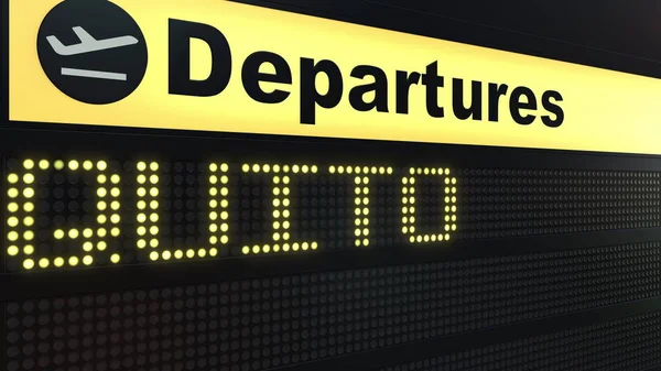 Járat Quito nemzetközi repülőtér-indulások táblán. Fogalmi 3d rendering Ecuadorba utazó — Stock Fotó
