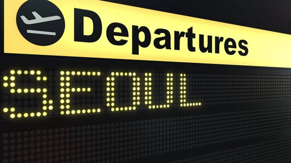 Flug nach seoul an Bord des internationalen Flughafens Abflug. Reisen nach Südkorea konzeptionelle 3D-Darstellung — Stockfoto