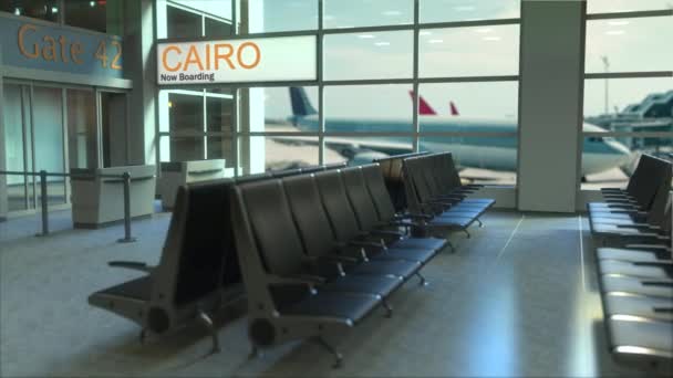 Kairon koneeseen noustaan lentokentän terminaalissa. Matkustaminen Egyptiin käsitteellinen intro animaatio — kuvapankkivideo