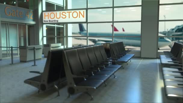Vuelo de Houston abordando ahora en la terminal del aeropuerto. Viajar a los Estados Unidos intro-animación conceptual — Vídeo de stock