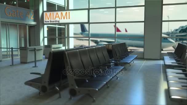 Embarque de voo em Miami agora no terminal do aeroporto. Viajar para os Estados Unidos animação de introdução conceitual — Vídeo de Stock