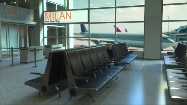 Mailand Flug Boarding jetzt im Flughafenterminal. Reisen nach Italien konzeptionelle Intro-Animation — Stockvideo