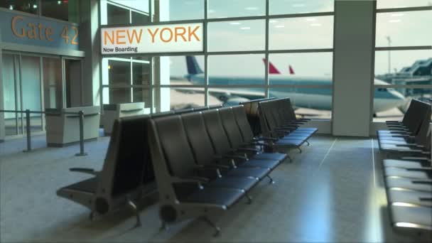 Embarque de vuelo de la ciudad de Nueva York ahora en la terminal del aeropuerto. Viajar a los Estados Unidos intro-animación conceptual — Vídeos de Stock