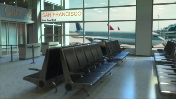 San Francisco flyg ombordstigning nu i flygplatsterminalen. Reser du till USA konceptuell intro animation — Stockvideo