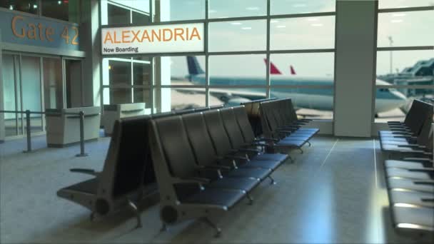 Alexandria flyg ombordstigning nu i flygplatsterminalen. Resa till Egypten konceptuell intro animation, 3d-rendering — Stockvideo