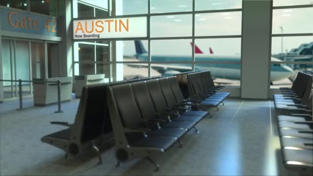 奥斯汀飞机现在在机场候机楼登机。旅行到美国概念介绍动画, 3d 渲染 — 图库视频影像