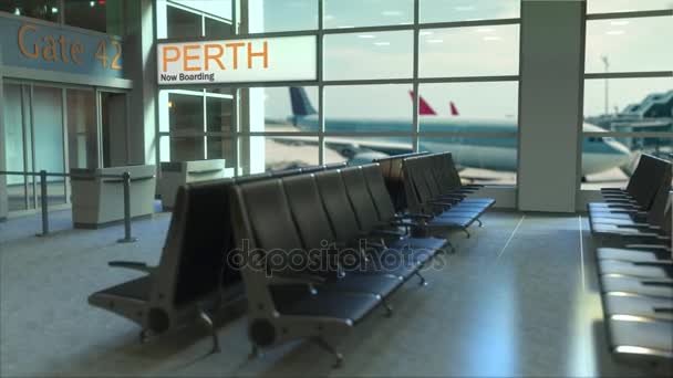 Perth Flug Boarding jetzt im Flughafenterminal. Reisen nach Australien konzeptionelle Introanimation, 3D-Rendering — Stockvideo