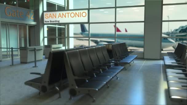 El vuelo de San Antonio embarca ahora en la terminal del aeropuerto. Viajar a los Estados Unidos intro-animación conceptual, renderización 3D — Vídeo de stock