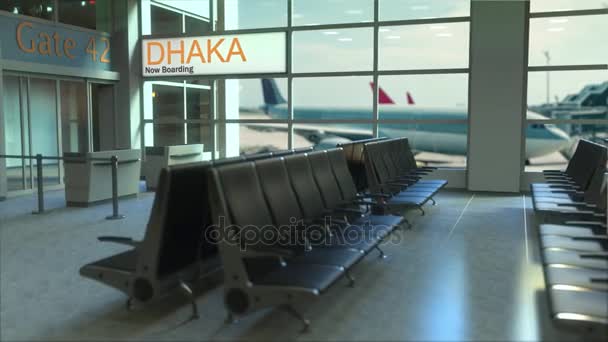 Daca embarque de voo agora no terminal do aeroporto. Viajar para Bangladesh animação de introdução conceitual, renderização 3D — Vídeo de Stock