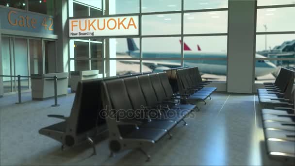 Посадка на рейс Фукуока сейчас в терминале аэропорта. Путешествие в Японию концептуальная интро анимация, 3D рендеринг — стоковое видео