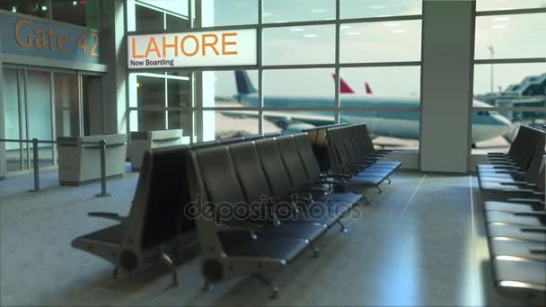 Vuelo Lahore abordando ahora en la terminal del aeropuerto. Viajar a Pakistán intro-animación conceptual, renderización 3D — Vídeos de Stock