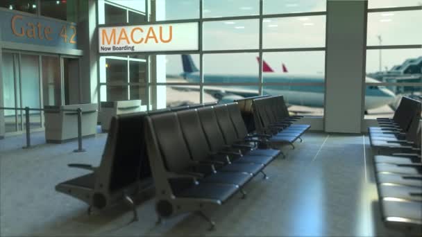 Vuelo Macao abordando ahora en la terminal del aeropuerto. Viajar a China intro-animación conceptual, renderización 3D — Vídeos de Stock