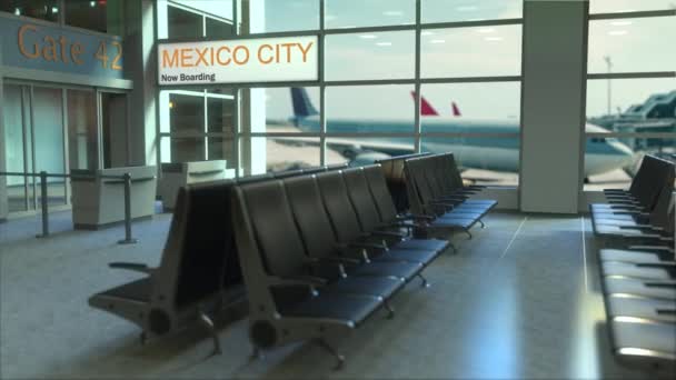 Embarque del vuelo de la Ciudad de México ahora en la terminal del aeropuerto. Viajar a México intro-animación conceptual, renderización 3D — Vídeo de stock