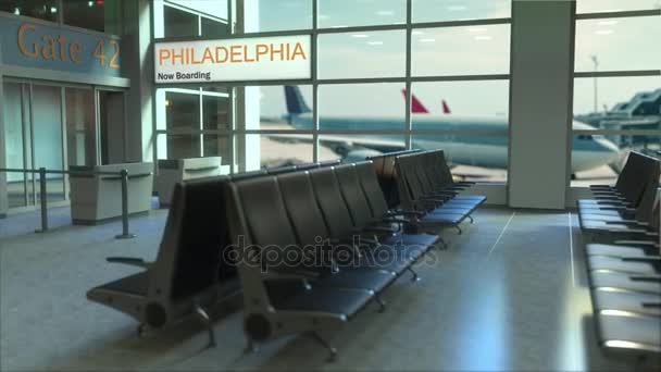 フィラデルフィアの便は空港ターミナルで今搭乗の方します。アメリカ合衆国の概念的なイントロのアニメーション、3 d レンダリングへの旅 — ストック動画