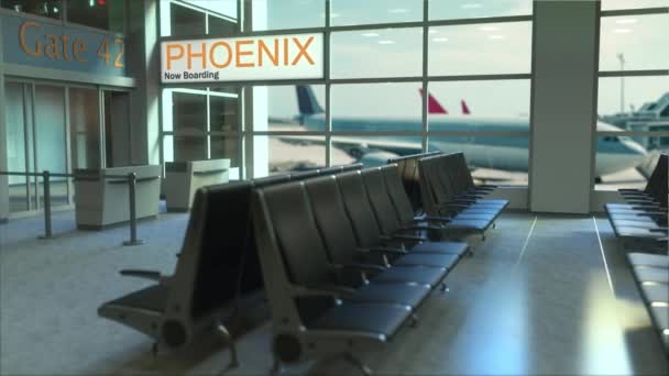 Phoenix lotu na pokład teraz w terminalu lotniska. Podróż do Stanów Zjednoczonych koncepcyjny wstęp animacji, renderowania 3d — Wideo stockowe