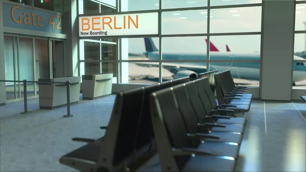 Embarque de vuelo de Berlín ahora en la terminal del aeropuerto. Viajar a Alemania renderizado 3D conceptual —  Fotos de Stock