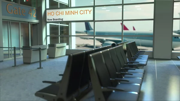 Ho Chi Minh City abordaje de vuelo ahora en la terminal del aeropuerto. Viajar a Vietnam renderizado 3D conceptual — Foto de Stock