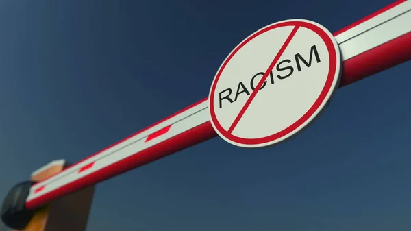 Closed barrier gate with NO RACISM sign. Conceptual 3D rendering — Stock Photo, Image