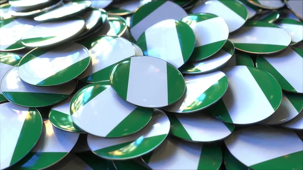 Mucchio di distintivi con le bandiere della Nigeria. Rendering 3D — Foto Stock