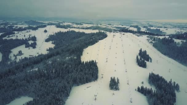 Pemandangan udara dari salju menyelimuti lereng ski alpen pada musim dingin. Resor Ski di Polandia selatan, pegunungan Tatra — Stok Video