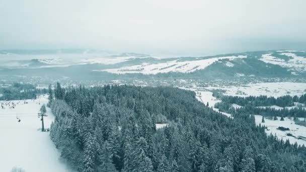 Aerial pan strzał śnieżnej pokryta alpejskich stoków narciarskich zimą. Ośrodek narciarski w południowej Polsce, w Tatrach — Wideo stockowe