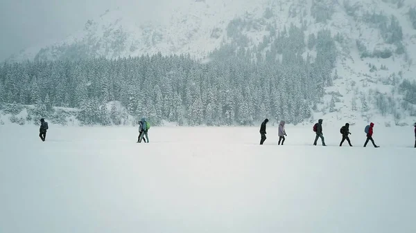 Nie do poznania osoby piesze wycieczki po jeziorze snowy — Zdjęcie stockowe