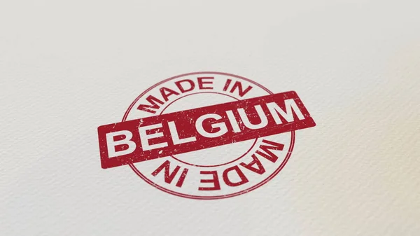 FABRIQUÉ EN BELGIQUE timbre imprimé rouge sur le papier. rendu 3D — Photo