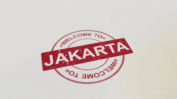 BENVENUTI A JAKARTA timbro stampa rossa sulla carta. Rendering 3D — Foto Stock