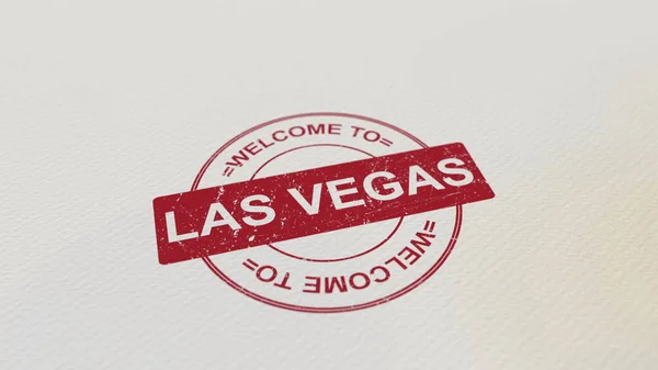 Hoş geldiniz için Las Vegas pul kırmızı kağıda yazdırma. 3D render — Stok fotoğraf