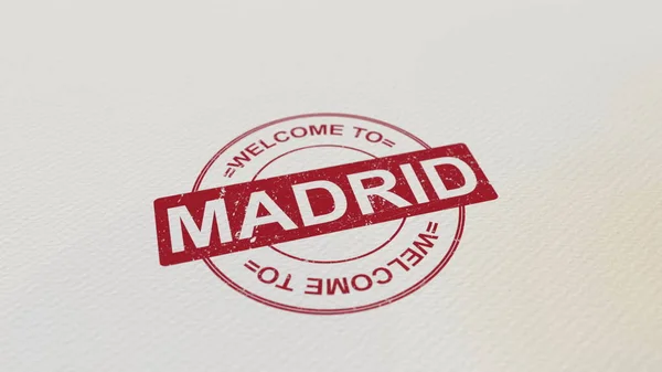 Καλωσορίσατε σε Μαδρίτη σφραγίδα κόκκινο εκτύπωσης στο χαρτί. 3D rendering — Φωτογραφία Αρχείου