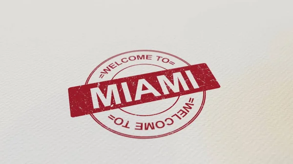 Miami'ye hoş geldiniz pul kırmızı kağıda yazdırma. 3D render — Stok fotoğraf