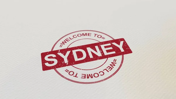 Willkommen zu sydney Stempel roter Druck auf dem Papier. 3D-Darstellung — Stockfoto