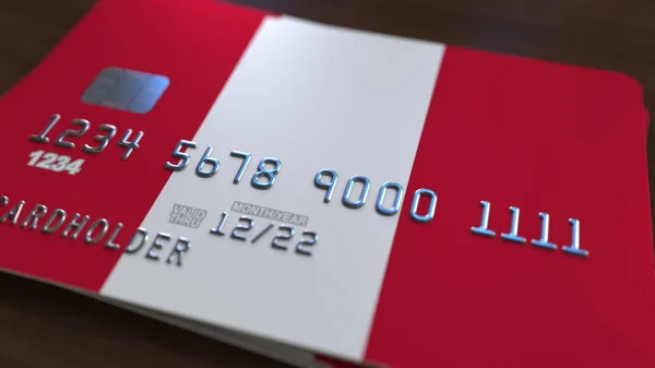 Plastic bank card featuring flag of Peru. National banking system related 3D rendering — Stock Photo, Image