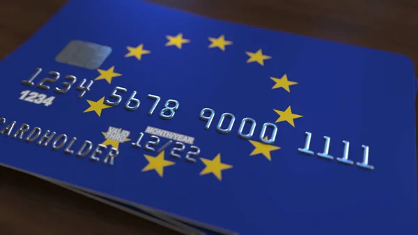 Plastic bank card featuring flag of the European Union. National banking system related 3D rendering