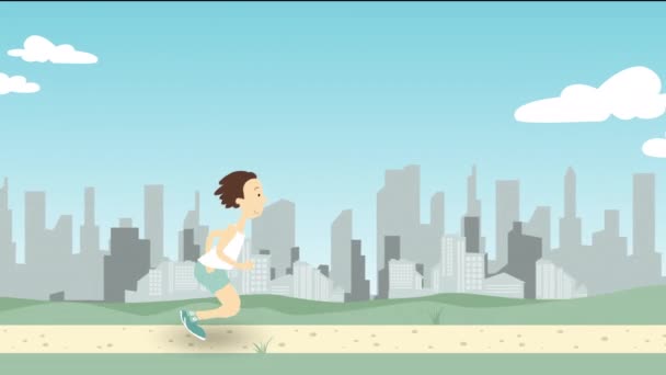 Man running along park pathway against big city skyline. Loopable cartoon animation — Stock Video