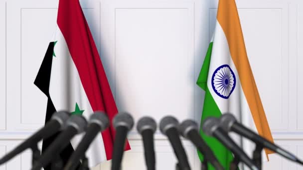 Bandiere della Siria e dell'India alla riunione internazionale o alla conferenza stampa dei negoziati — Video Stock