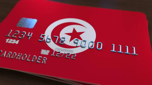 Tarjeta bancaria de plástico con bandera de Túnez. Renderizado 3D relacionado con el sistema bancario nacional — Foto de Stock