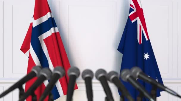 Bandiere della Norvegia e dell'Australia alla riunione internazionale o alla conferenza stampa dei negoziati — Video Stock