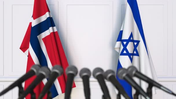 Sajtótájékoztatón nemzetközi értekezlet vagy a tárgyalások Izrael és Norvégia zászlók — Stock videók