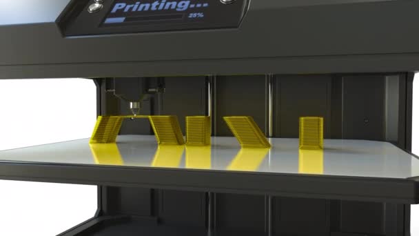 Arany Art-szöveg a 3D-s nyomtatóval nyomtat, fém nyomtatási timelapse-animáció — Stock videók