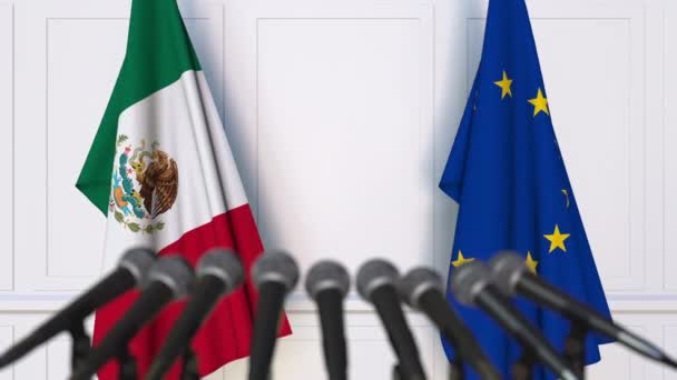 Lijst van vlaggen van Mexico en de Europese Unie bij internationale onderhandelingen en/of vergadering persconferentie — Stockvideo