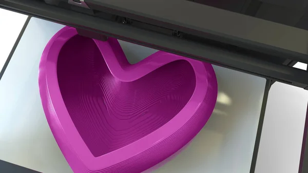 Impresión de plástico rosa forma de corazón con una impresora 3D, renderizado 3D — Foto de Stock